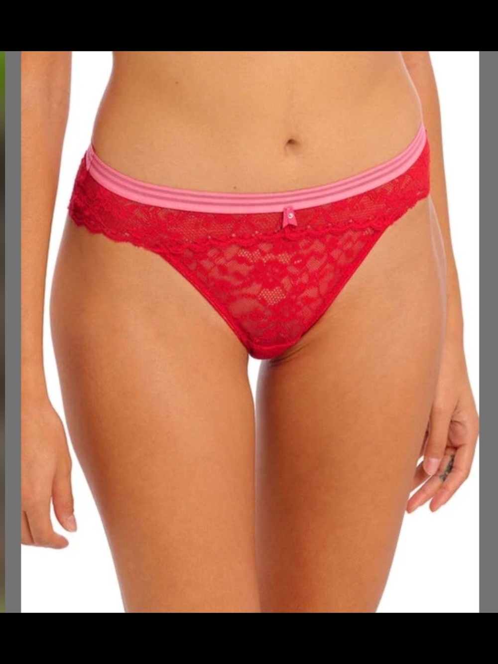 Freya Offbeat Red Lace Thong with Pink Waistband